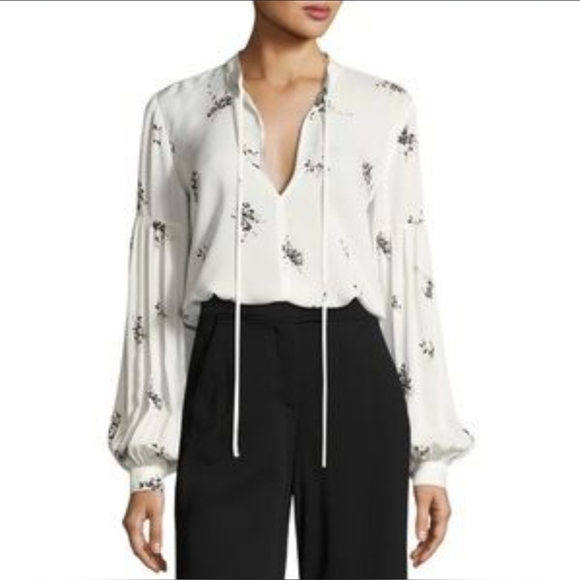 ⭐️ A.L.C. White Floral Print Silk Blouse Ty Lantern sleeve size 0 - Picture 1 of 10